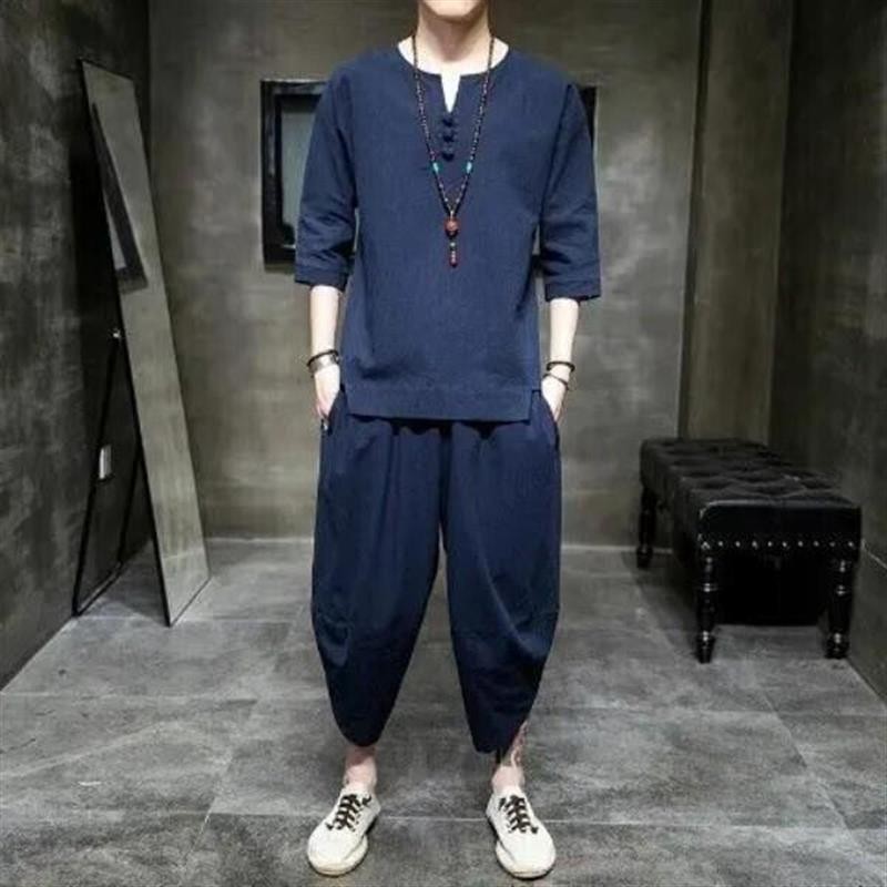 VINSAME3亚麻男短袖t恤中国风男装中式棉麻套装佛系唐装汉服禅服