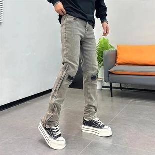 男秋冬新款 h高街拉链补丁牛仔裤 小直筒微喇潮牌长 美式 巴堡罗男装