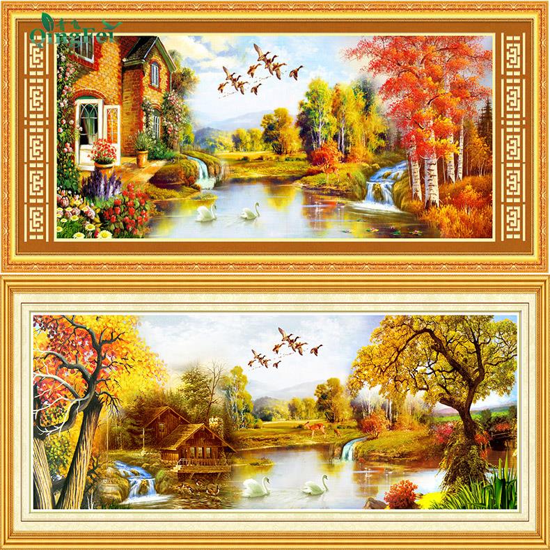 青飞财源滚滚金色富锦十字绣家园花园小屋客厅风景画枫树金色年华