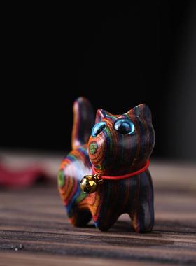 木头物语 彩虹木雕刻可爱猫手把件小猫迷你桌面摆件工艺品礼品