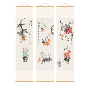 鸟书房卷轴画茶室玄关竹帘画客厅沙发背景墙装饰画四联