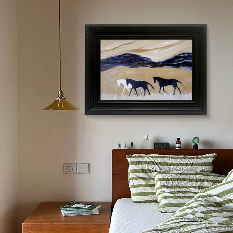 手绘油画迁徙黑白骏马客厅装饰挂画中古风抽象摆件玄关纯手绘油画