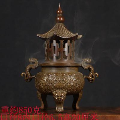 黄铜复古塔炉炼丹炉螭龙双耳铜香炉室内家居客厅装饰工艺品盘香炉