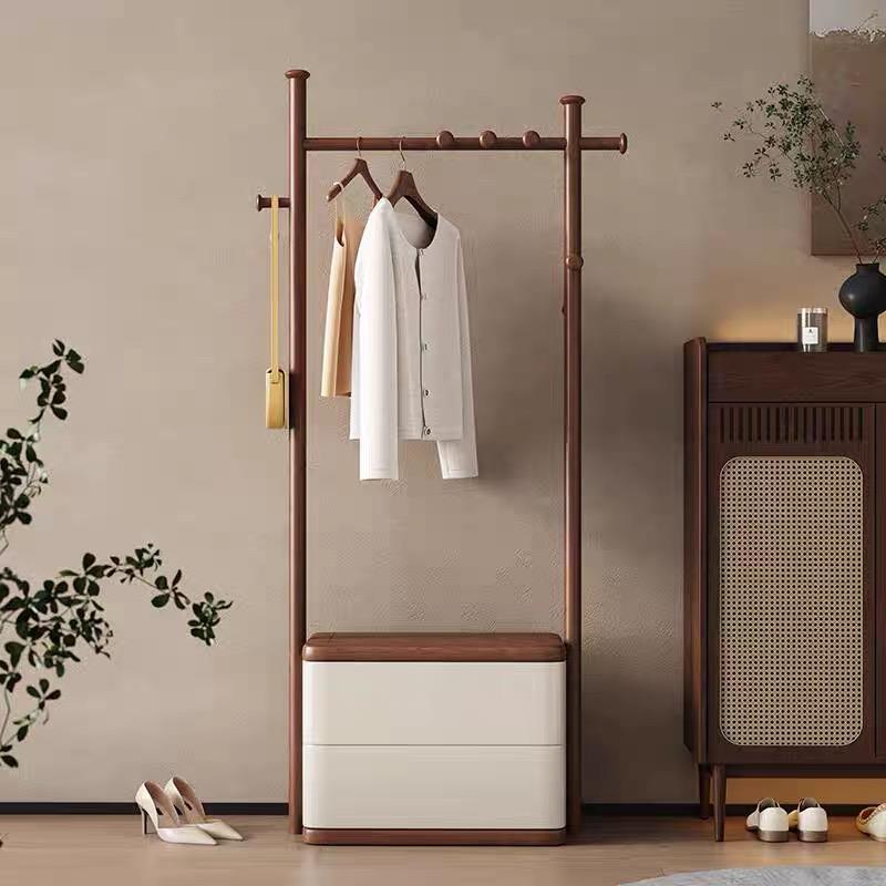 轻奢意式全实木衣帽架简约抽屉可坐白蜡木卧室客厅进门挂衣架落地
