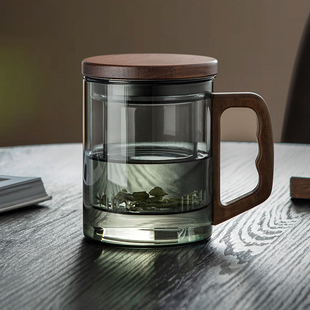 璃茶泡茶杯耐高温茶水分离家用茶杯过滤办公室水杯带盖木把茶道杯