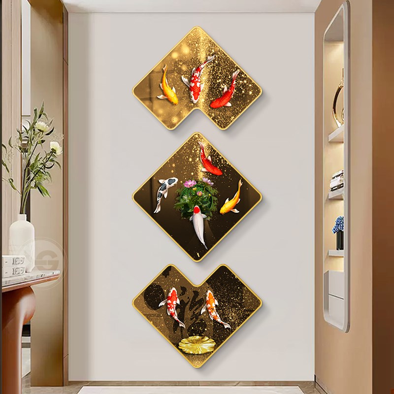 九鱼图入户玄关装饰画过道背景墙装饰楼梯间走廊门口中式挂画壁画图片