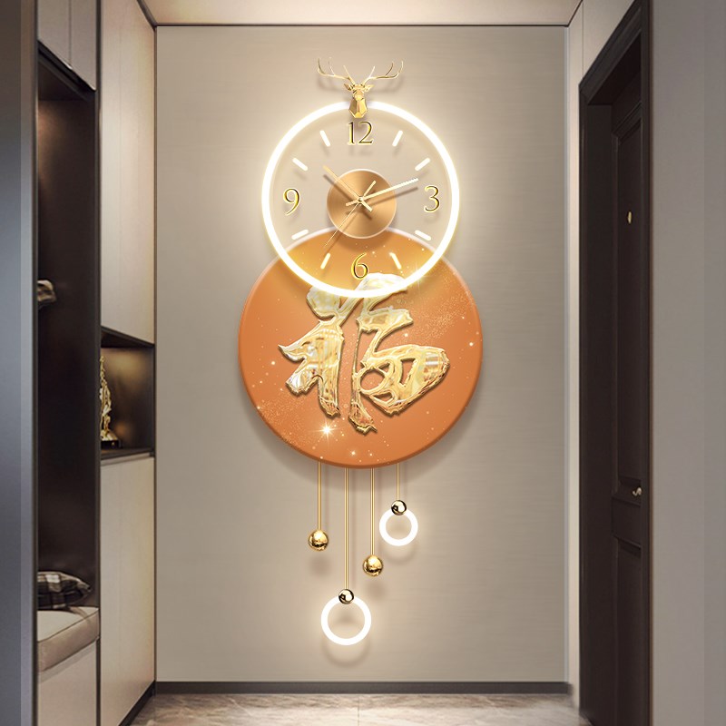 玄关装饰画时钟走廊过道立体led壁画轻奢福字发光晶瓷挂画带钟表图片