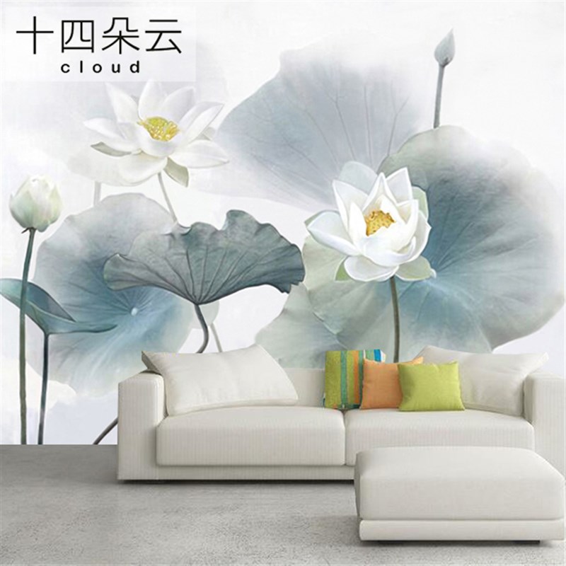 中式淡雅荷花水墨定制壁画无纺布墙纸卧室客厅电视背景墙壁纸简约