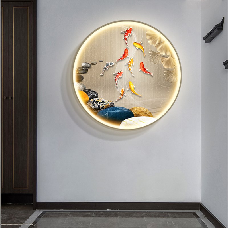 九鱼图入户玄关装饰画高级感挂画圆形led灯画正对门走廊过道壁画图片