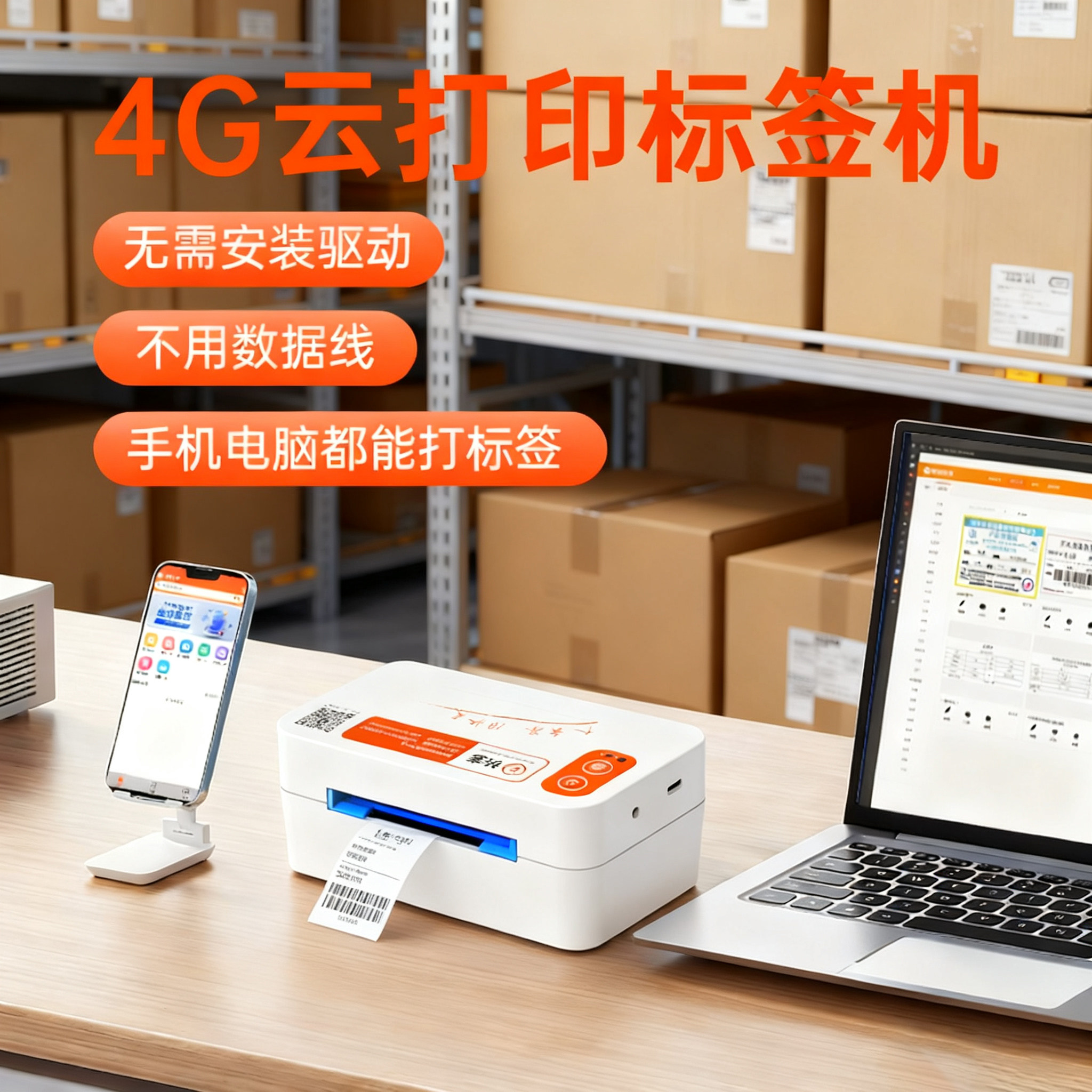 快麦4G云打印热敏快递打印机无线WIFi多人共享异地远程打印多多菜鸟亚马逊唛头跨境电商标签机手机快递打单机