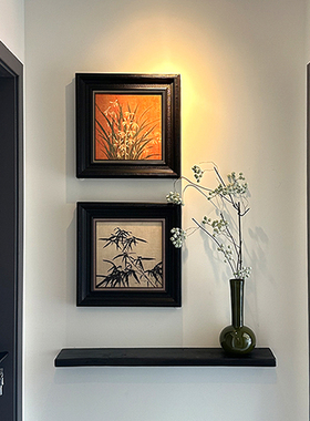 中古风竹子兰花图玄关过道组合挂画黑色置物架壁挂走廊尽头装饰画