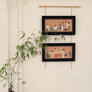 捣练图法式中国风玄关组合装饰画黄铜挂画器过道走廊轨道挂墙壁画