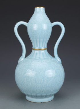 花瓶清乾隆瓷器天蓝釉描金葫芦瓶仿古瓷器古董古玩明清老瓷器收藏