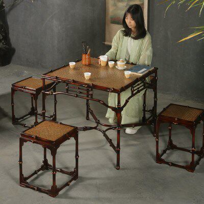 手工筇竹竹编家具餐桌方形中式餐桌组合小方桌茶桌仿古八仙桌茶几