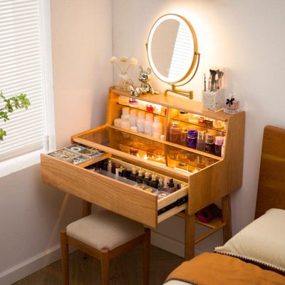 樱桃木梳妆台实木卧室书桌化妆台一体小型70cm80cm化妆桌日式玻璃