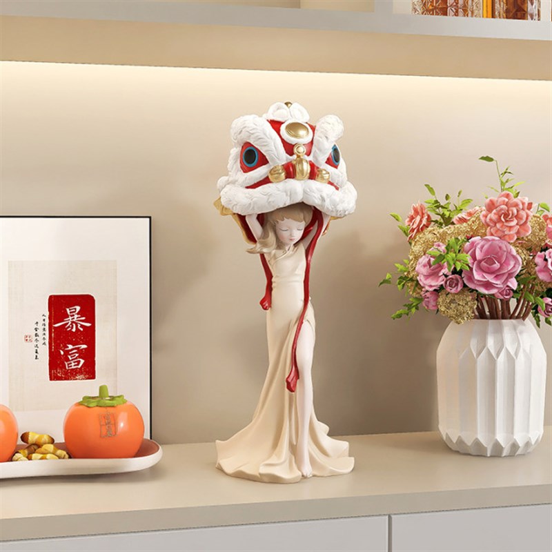 国潮醒狮女孩摆件舞狮客厅玄关酒柜店铺前台M桌面装饰乔迁开业礼