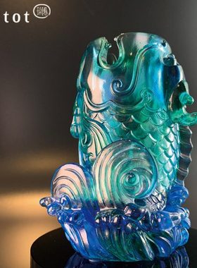 tittot琉园创意新中式琉璃工艺品鱼摆件 鱼跃成龙 笔筒办公室装饰