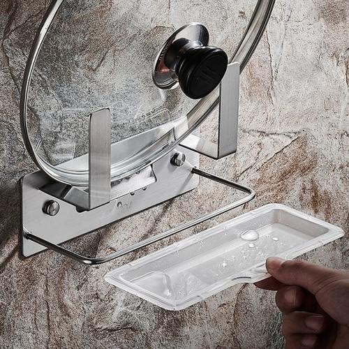 免打孔锅盖架304不锈钢壁挂带接水盘收纳架厨房放菜板砧板置物架