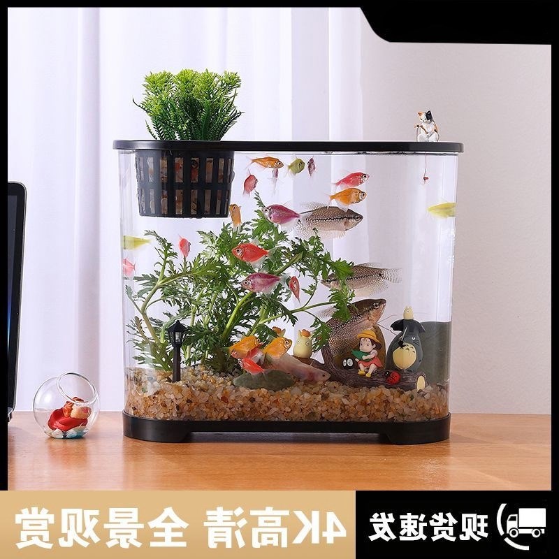 小鱼缸桌面鱼缸小型家用高清透明生态鱼缸有盖办公桌椭圆形生态