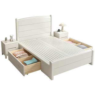 白色简约实木床1.2米单人床1.35小户型一米1.5m高箱储物房儿童床