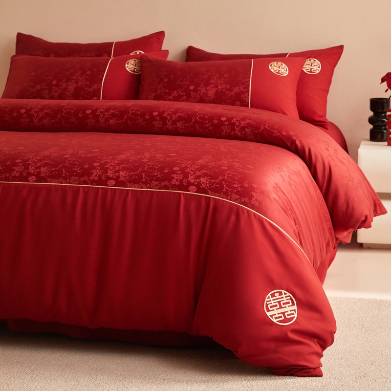 高档提花结婚床上四件套婚庆红色喜庆被套新婚房喜被床单陪嫁床品