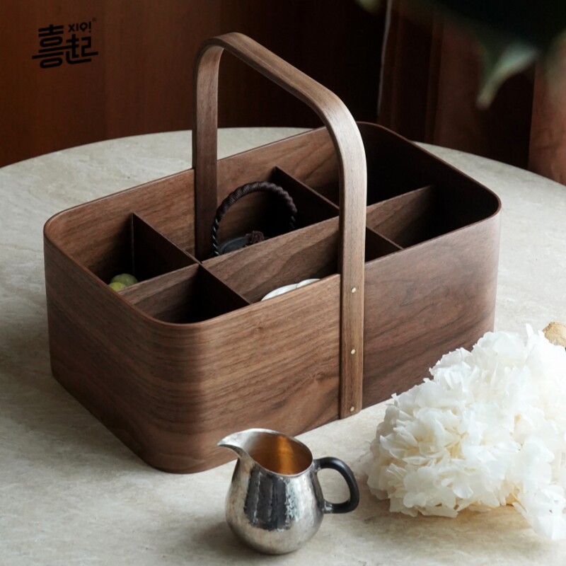 黑胡桃木手提茶具收纳p盒夏克盒 茶空间摆件软装饰杂物盒野餐篮子