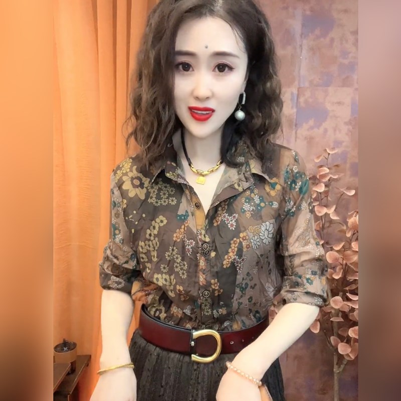 欧货春夏丝麻褶皱薄款女宽松显瘦洋派碎花百搭时T尚减龄长袖衬衫