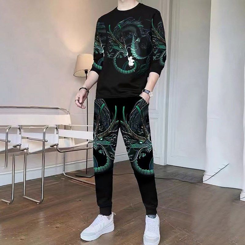 男一套搭配帅气炸街长袖T恤薄款长裤两件套2024新款休闲套装潮流
