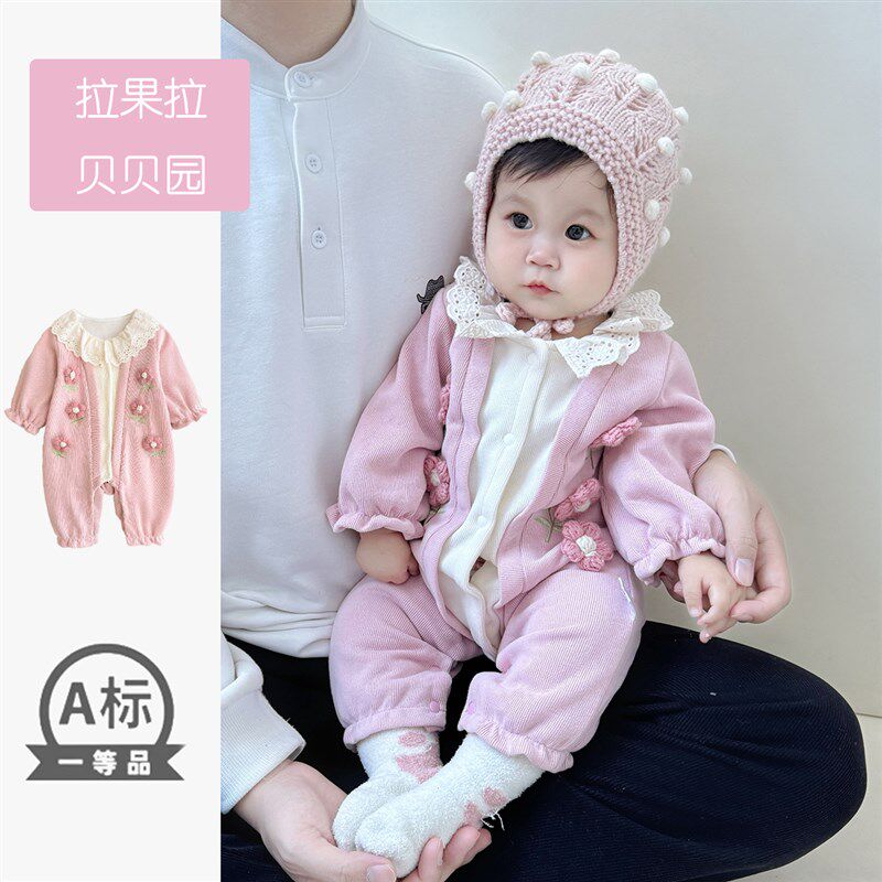 婴儿2025春装新款连体衣女x宝宝手工花朵长袖双层棉布爬服甜美公