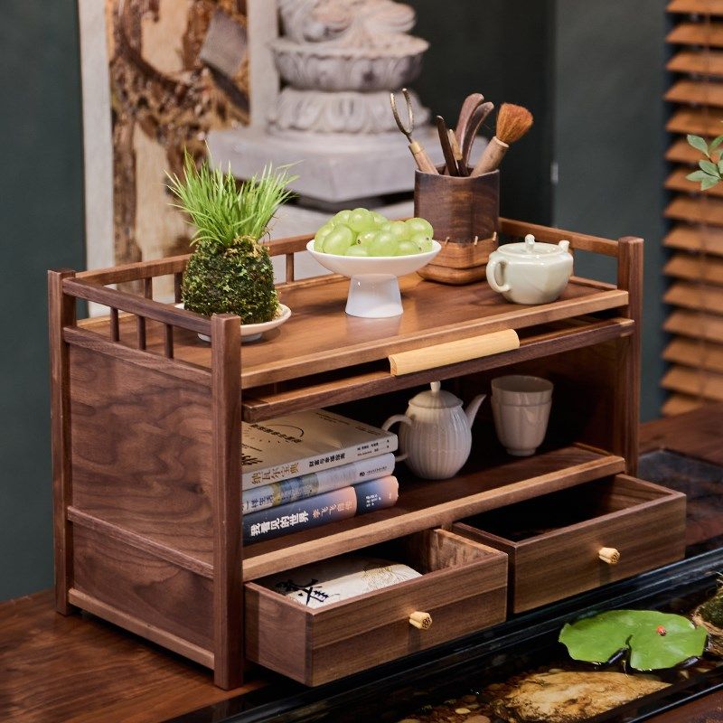 北美黑胡桃木茶具收纳架双层博古架带抽屉中式实木紫砂茶壶置物架,住宅家具,多宝格/博古架,淘宝优惠券,粉丝福利购,淘宝优惠卷