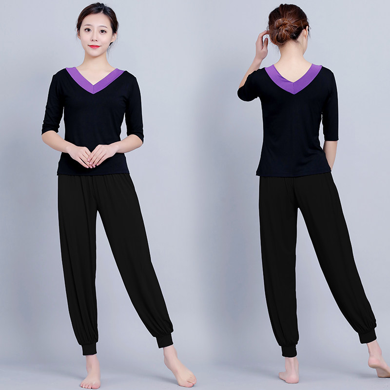 前后V领瑜伽服套装女宽s松显瘦大码灯笼裤健身广场舞蹈表演练功服