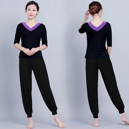 前后V领瑜伽服套装女宽s松显瘦大码灯笼裤健身广场舞蹈表演练功服