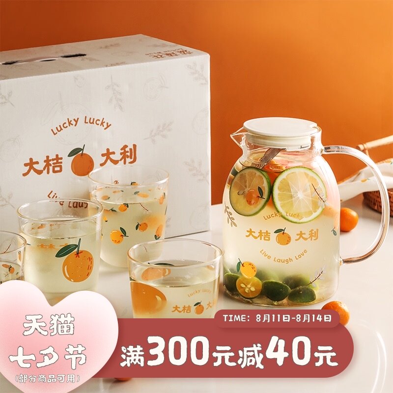蓝莲花水壶夏季玻璃冷水壶套装耐高温防J爆高硼硅透明凉水壶家用