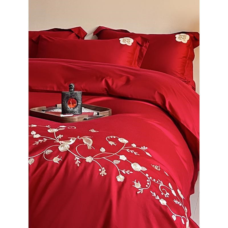 婚嫁结婚床上四件套婚床简约纯棉被套床单婚庆全棉大红色婚房新款