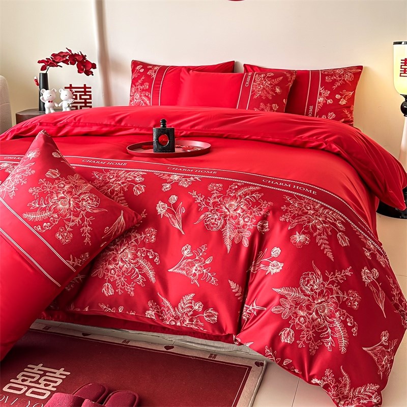 高档提花结婚床上四件套婚庆大红色纯棉全棉被套新婚房喜被床单4