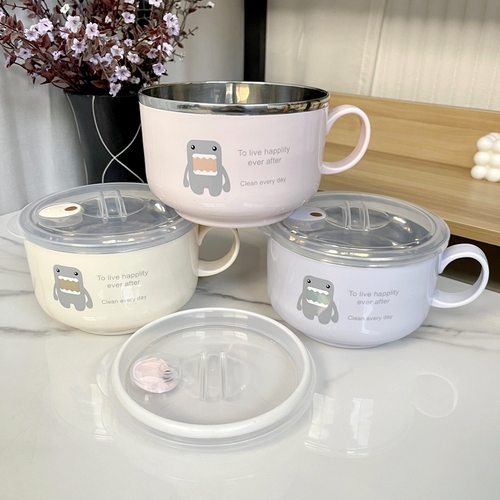 日系大容量可沥水方便面碗学生饭盒不锈钢泡面碗带盖成人快餐杯