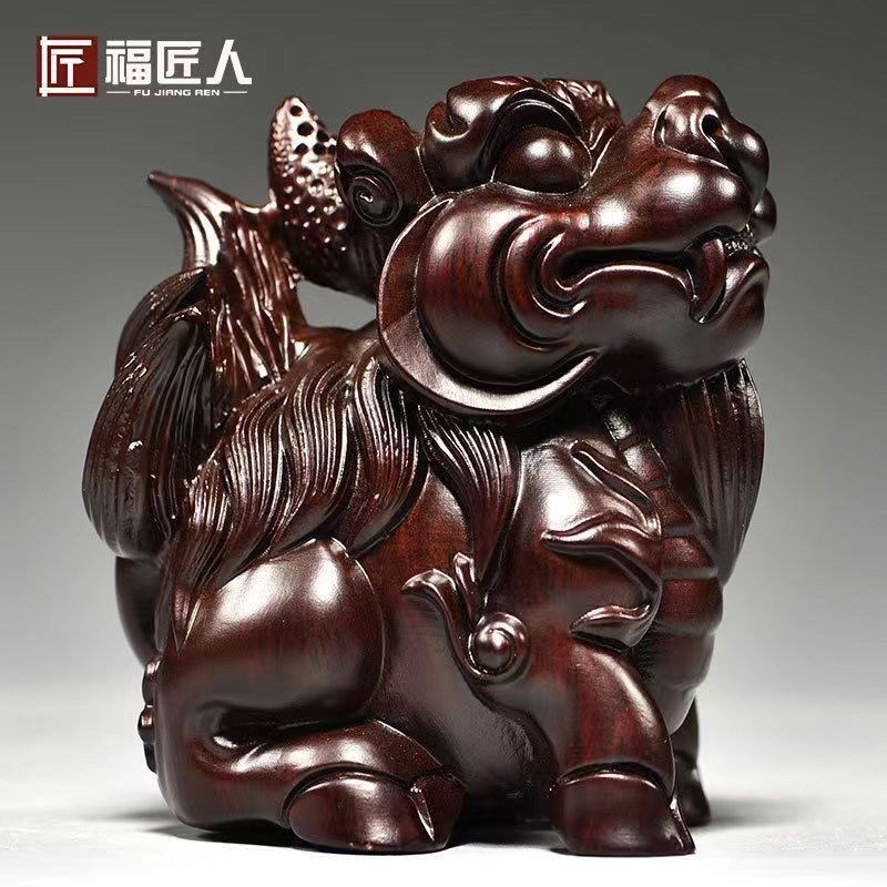 黑檀木雕刻麒麟摆件一对招财墨麒麟办公室客厅桌面小摆件实木公母