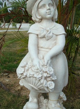 仿石头人物雕塑摆设玻璃钢摆件美式装饰戴帽提花篮小女孩家居饰品