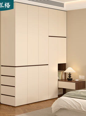 奶油中古风分段式转角衣柜带床头柜一体家用卧室免拉手衣橱柜9A58