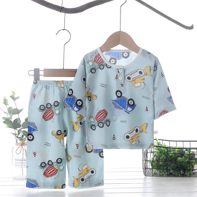 儿童七分袖睡衣棉绸男童纯棉家居服男宝宝推土机搅拌车卡车空调服