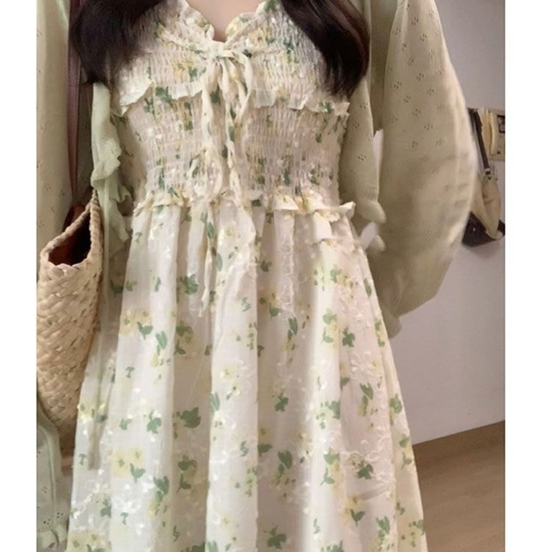 2023夏季新款法式茶歇吊带碎花连衣裙+防晒针织外套学生时尚套装