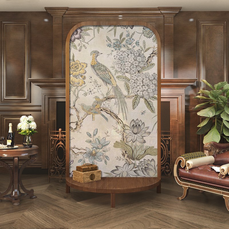美式乡村实木屏风隔断装饰客厅玄关小户型置物架移动座屏艺术花鸟