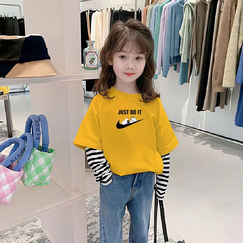 新款男女童长袖2023春秋装打底衫T恤中大童装条纹拼接假两件上衣