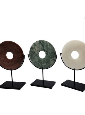 新中式创意轻奢天然售楼处样板间客厅玄关博古架书房黑色玉璧摆件