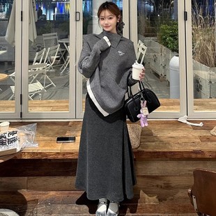 深灰色鱼尾裙女秋冬高腰a字中长款半身裙高级感松弛小个子包臀裙