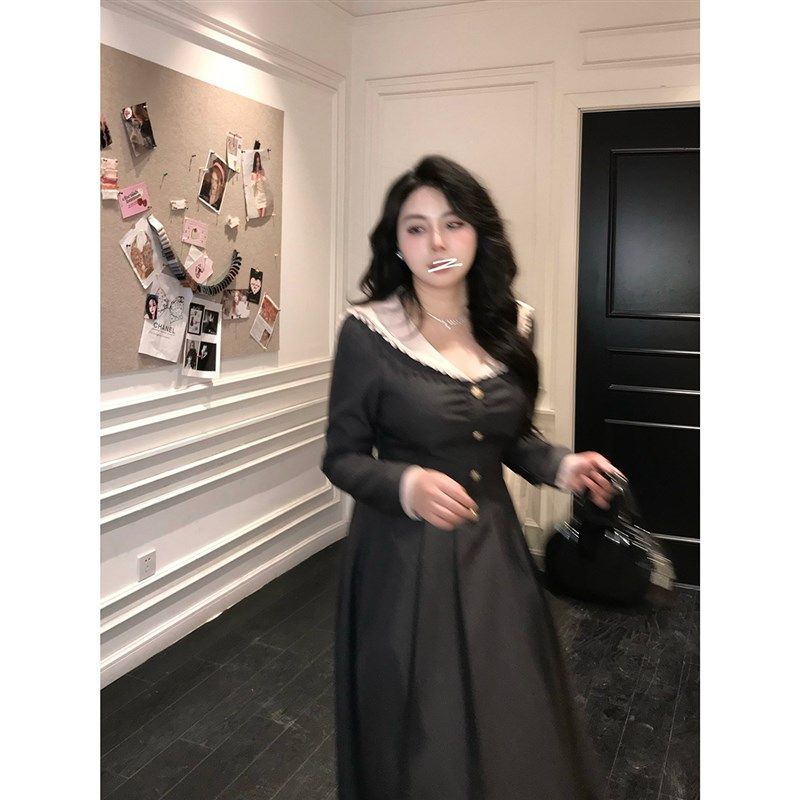 大小姐冬日美纪缎面海军领呢子收腰百褶连衣裙女甜美显瘦短裙