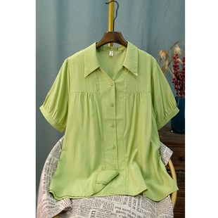 胖mm夏季短袖衬衫女士大码2023新款宽松翻领上衣漂亮时尚雪纺衫