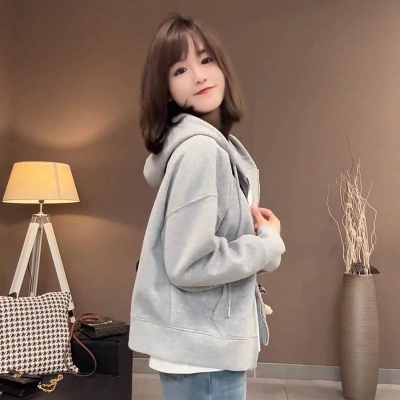 卫衣外套女小个子灰色拉链开衫2025新款春秋宽松显瘦长袖上衣