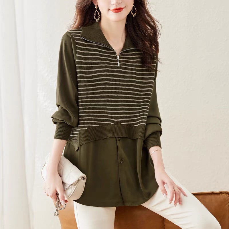 大码条纹拼接针织衬衫秋季新款2024洋气胖MM宽松气质休闲上衣女