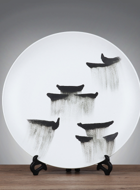 新中式禅意装饰坐盘水墨画陶瓷工艺品摆件样板间书柜玄关家居饰品